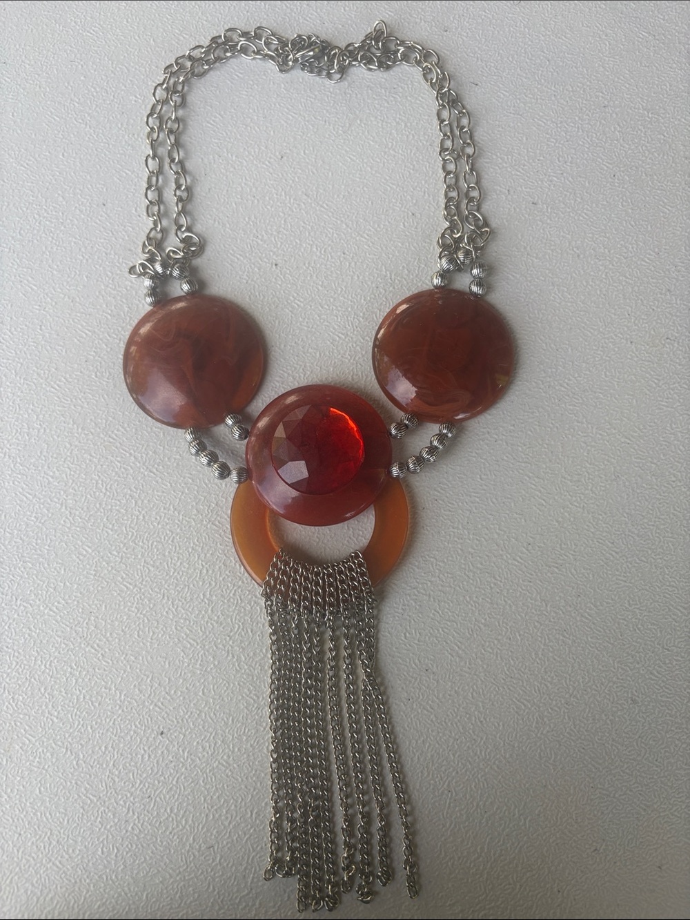 Statement Amber Red Pendant Necklace with Silver Chain